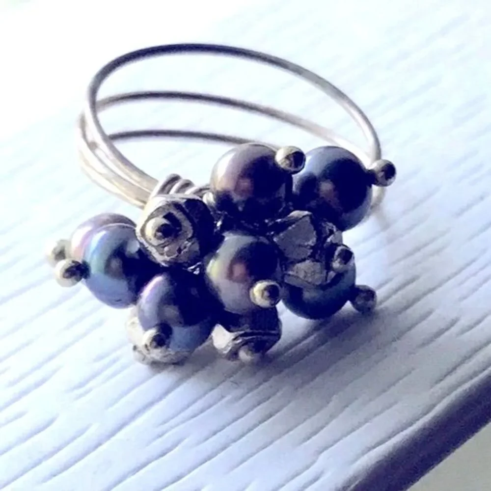 Freshwater Pearl Cluster Ring Beaded Wire Multi-band Boho Beachy Coastal Blue